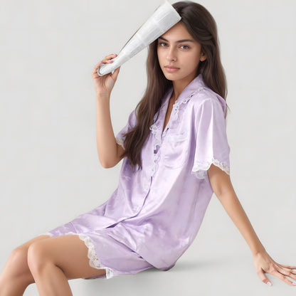 Anna-Kaci Lounge Women's Short Sleeve Satin Pajama Set with Button Down Top Elastic Waist Shorts and Lace Trim Detail