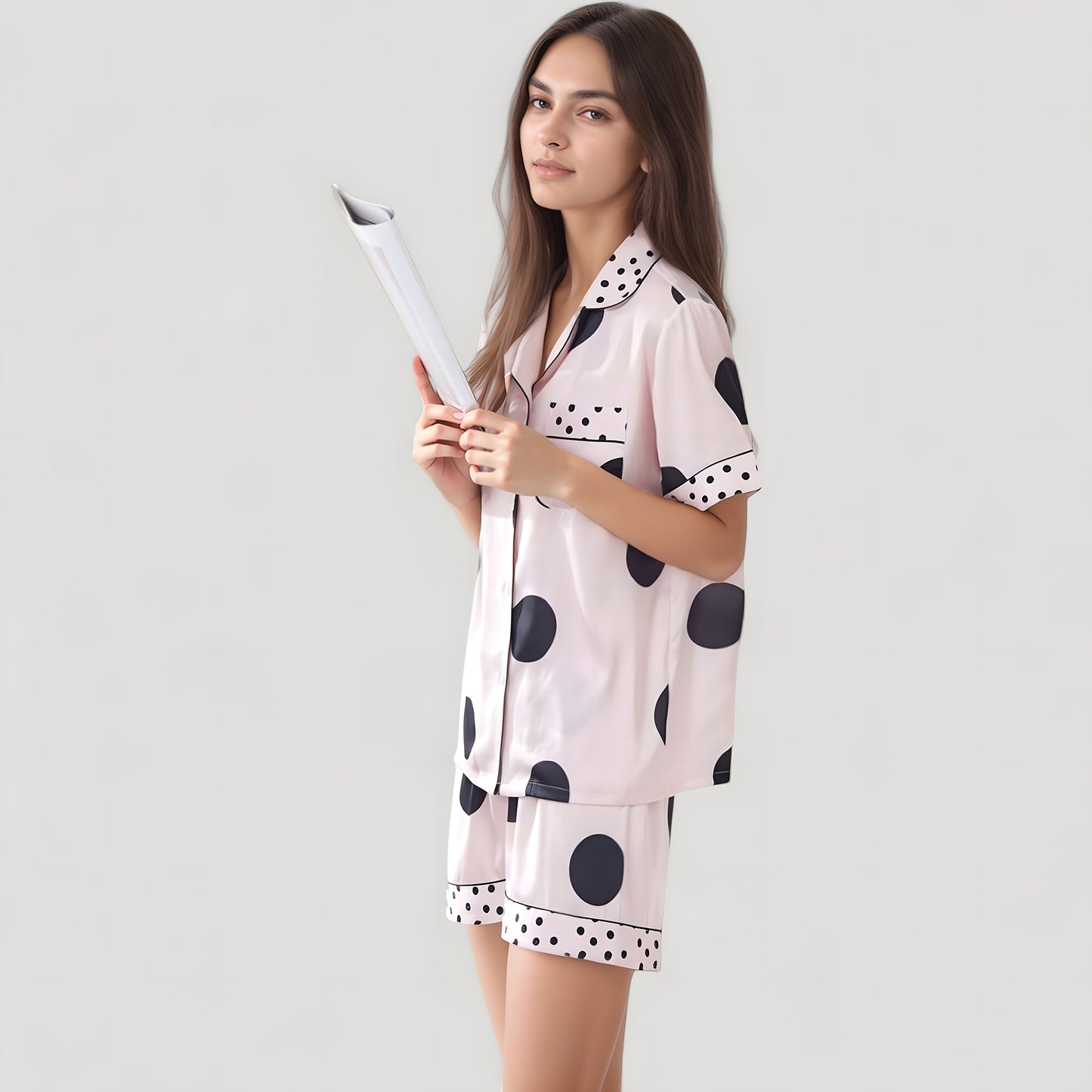 Anna-Kaci Lounge Women's Satin Polka Dot Short Sleeve Pajama Set with Button Down Top and Contrast Trim Details
