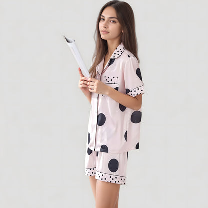 Anna-Kaci Lounge Women's Satin Polka Dot Short Sleeve Pajama Set with Button Down Top and Contrast Trim Details