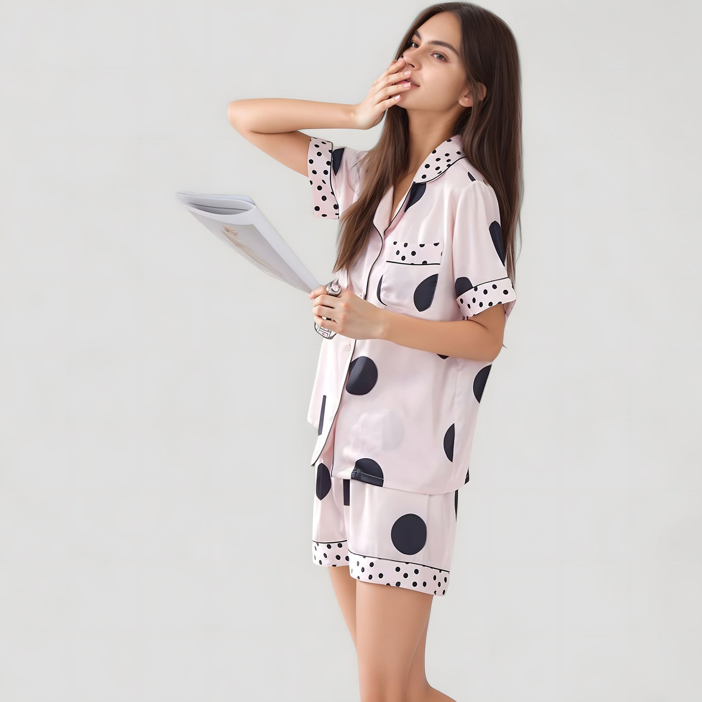 Anna-Kaci Lounge Women's Satin Polka Dot Short Sleeve Pajama Set with Button Down Top and Contrast Trim Details