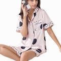 Anna-Kaci Lounge Women's Satin Polka Dot Short Sleeve Pajama Set with Button Down Top and Contrast Trim Details