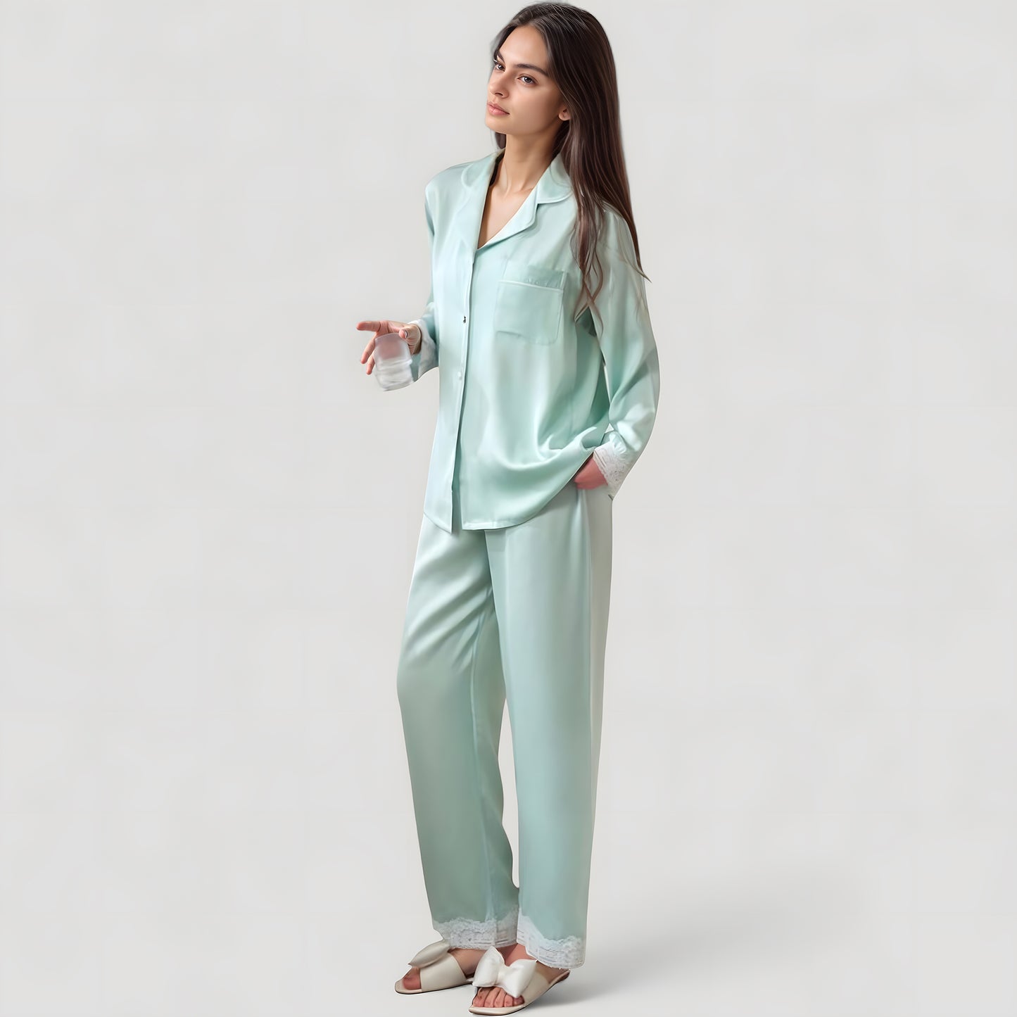 Anna-Kaci Lounge Women's Satin Long Sleeve Button Down Pajama Set with Chest Pocket and Lace Trim Hem Details