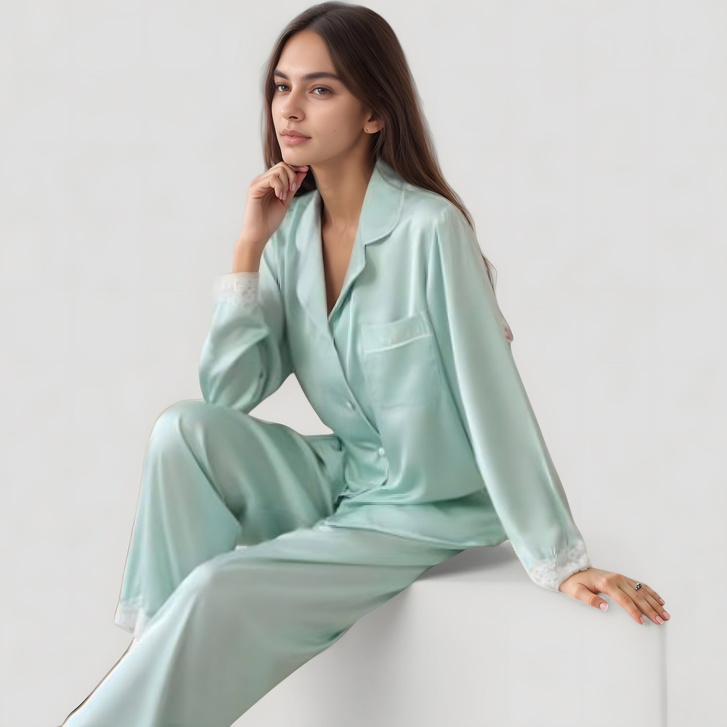 Anna-Kaci Lounge Women's Satin Long Sleeve Button Down Pajama Set with Chest Pocket and Lace Trim Hem Details