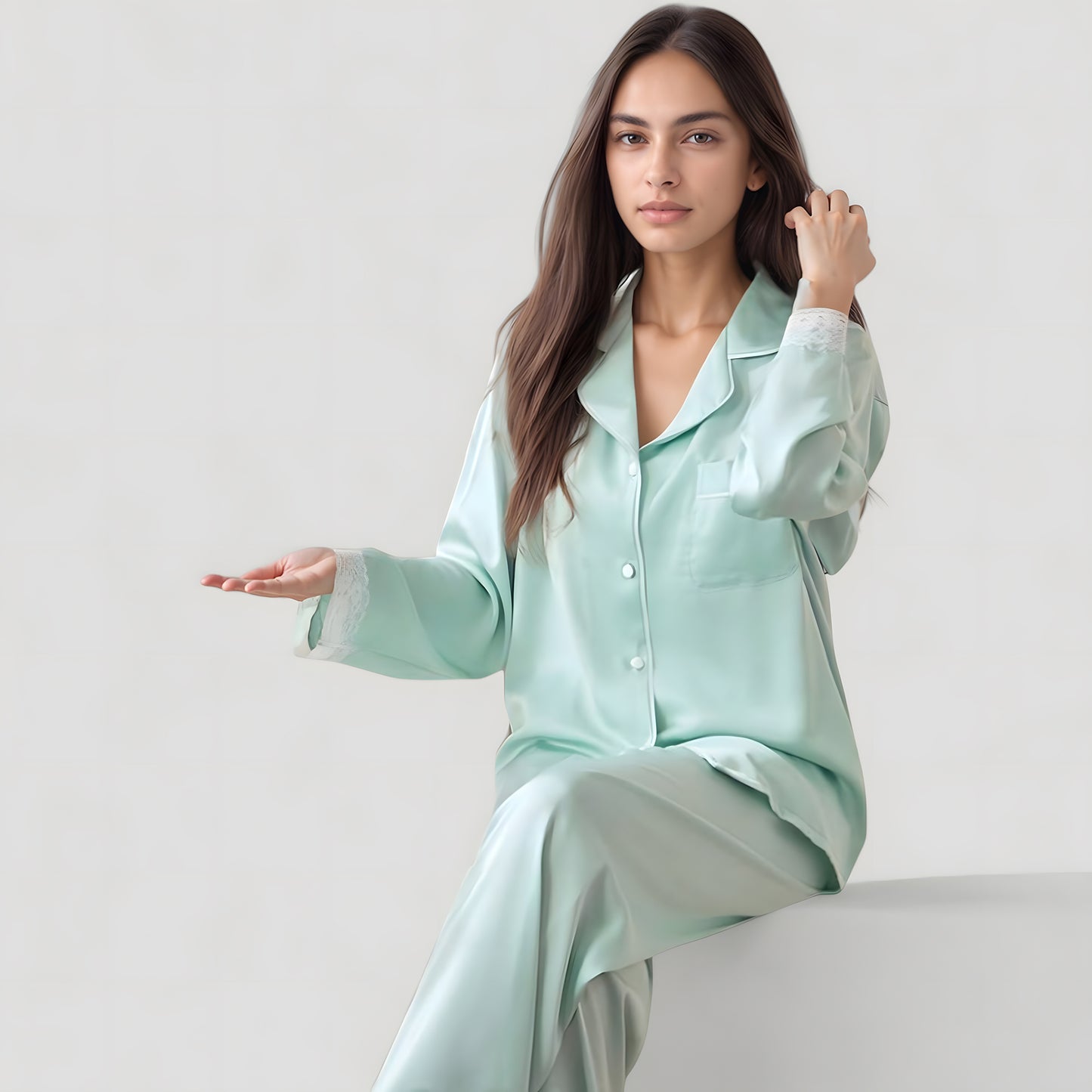 Anna-Kaci Lounge Women's Satin Long Sleeve Button Down Pajama Set with Chest Pocket and Lace Trim Hem Details