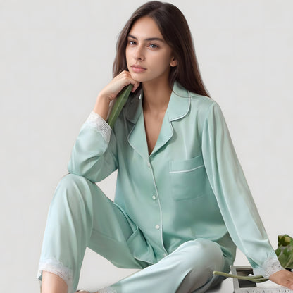 Anna-Kaci Lounge Women's Satin Long Sleeve Button Down Pajama Set with Chest Pocket and Lace Trim Hem Details