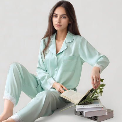 Anna-Kaci Lounge Women's Satin Long Sleeve Button Down Pajama Set with Chest Pocket and Lace Trim Hem Details