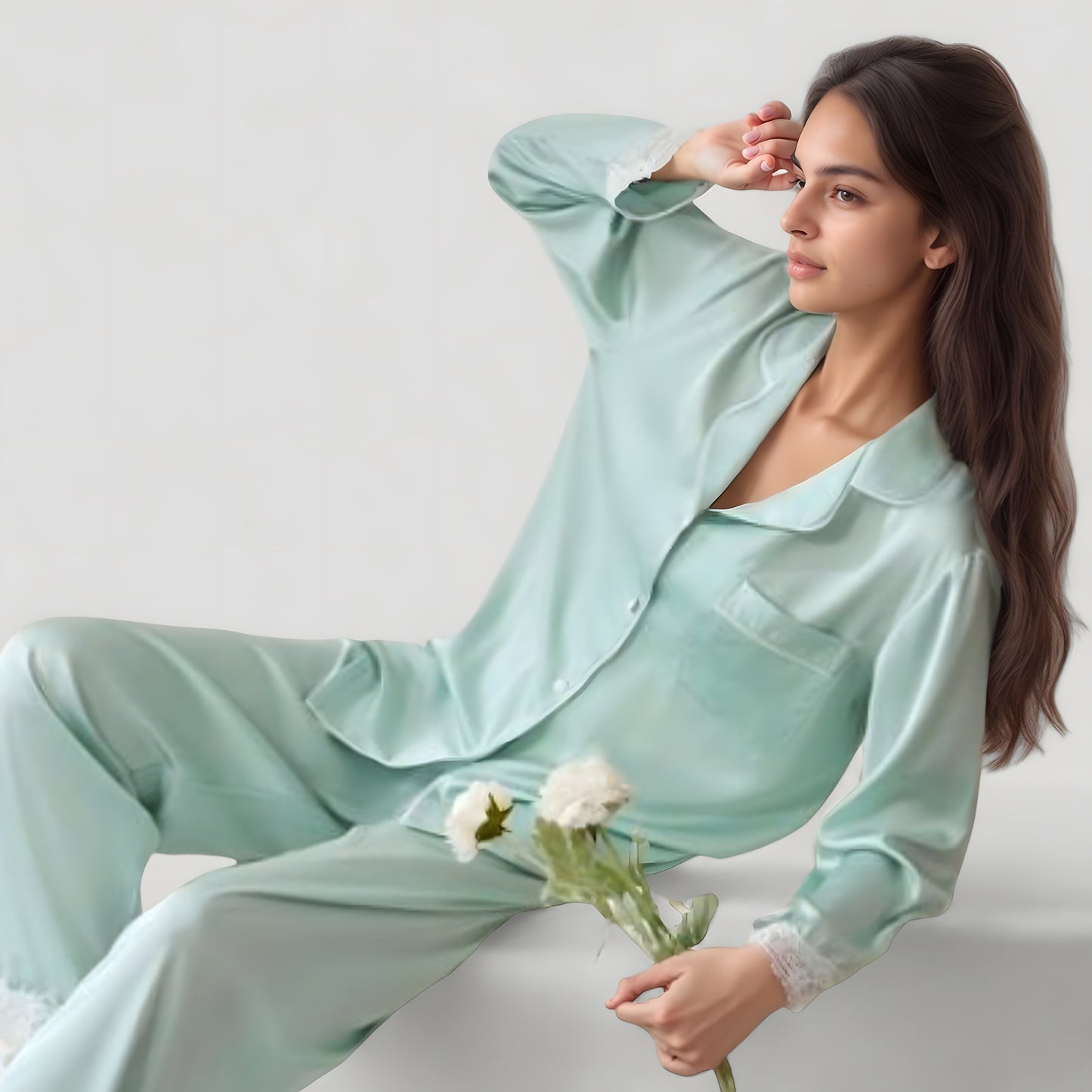 Anna-Kaci Lounge Women's Satin Long Sleeve Button Down Pajama Set with Chest Pocket and Lace Trim Hem Details
