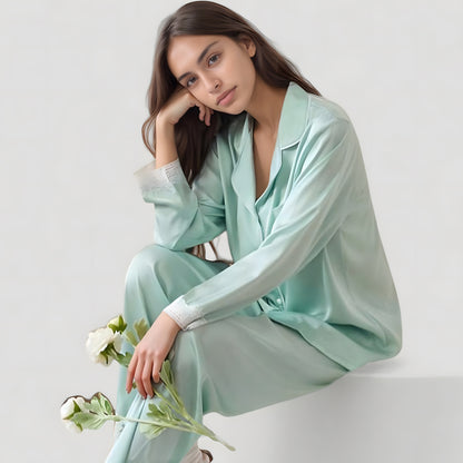 Anna-Kaci Lounge Women's Satin Long Sleeve Button Down Pajama Set with Chest Pocket and Lace Trim Hem Details