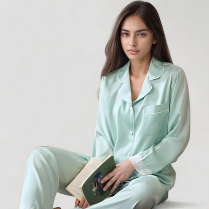 Anna-Kaci Lounge Women's Satin Long Sleeve Button Down Pajama Set with Chest Pocket and Lace Trim Hem Details