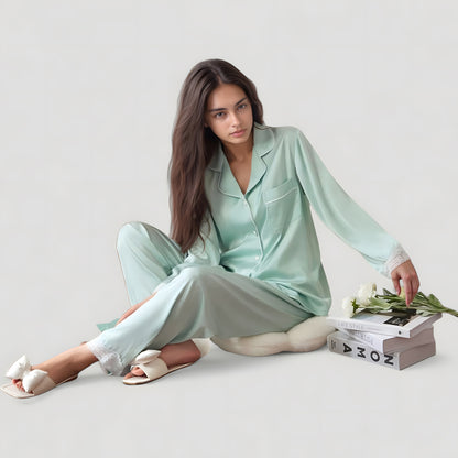 Anna-Kaci Lounge Women's Satin Long Sleeve Button Down Pajama Set with Chest Pocket and Lace Trim Hem Details