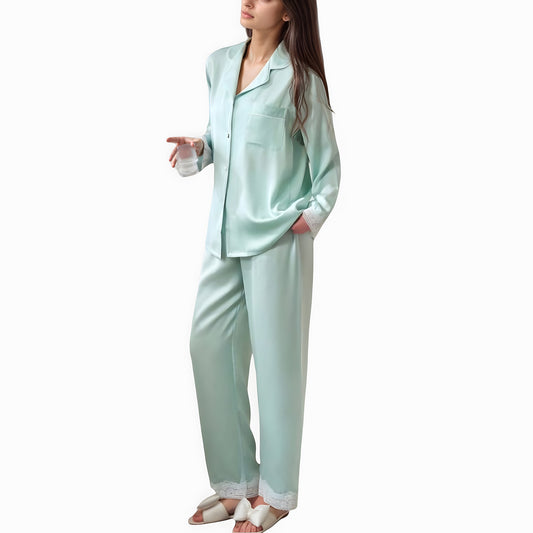 Anna-Kaci Lounge Women's Satin Long Sleeve Button Down Pajama Set with Chest Pocket and Lace Trim Hem Details