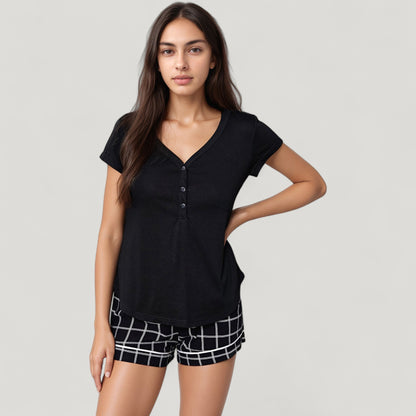 Anna-Kaci Lounge Women's Short Sleeve Button Front Sleep Shirt and Plaid Drawstring Lounge Shorts Pajama Set