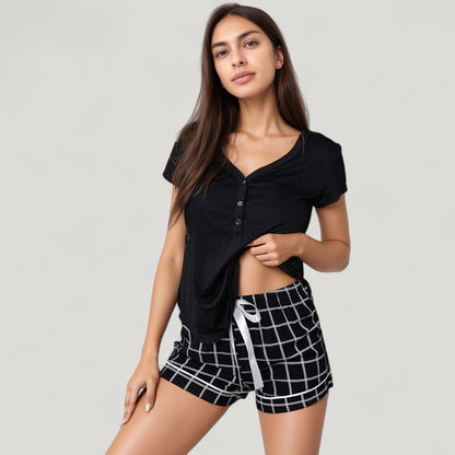 Anna-Kaci Lounge Women's Short Sleeve Button Front Sleep Shirt and Plaid Drawstring Lounge Shorts Pajama Set