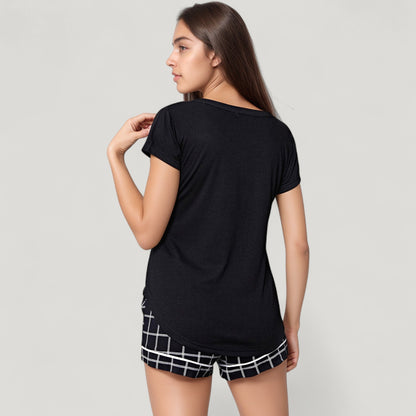 Anna-Kaci Lounge Women's Short Sleeve Button Front Sleep Shirt and Plaid Drawstring Lounge Shorts Pajama Set