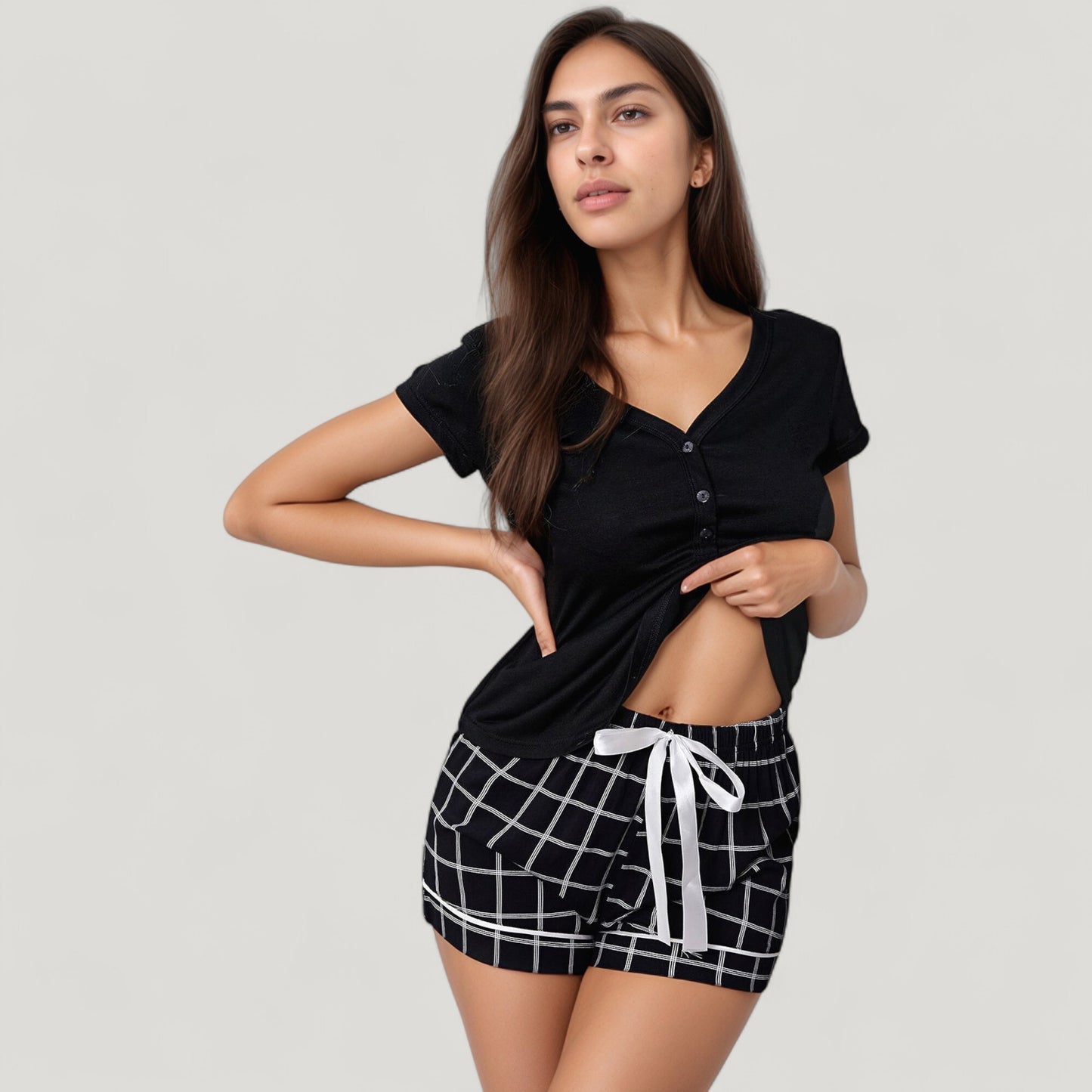 Anna-Kaci Lounge Women's Short Sleeve Button Front Sleep Shirt and Plaid Drawstring Lounge Shorts Pajama Set