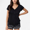 Anna-Kaci Lounge Women's Short Sleeve Button Front Sleep Shirt and Plaid Drawstring Lounge Shorts Pajama Set