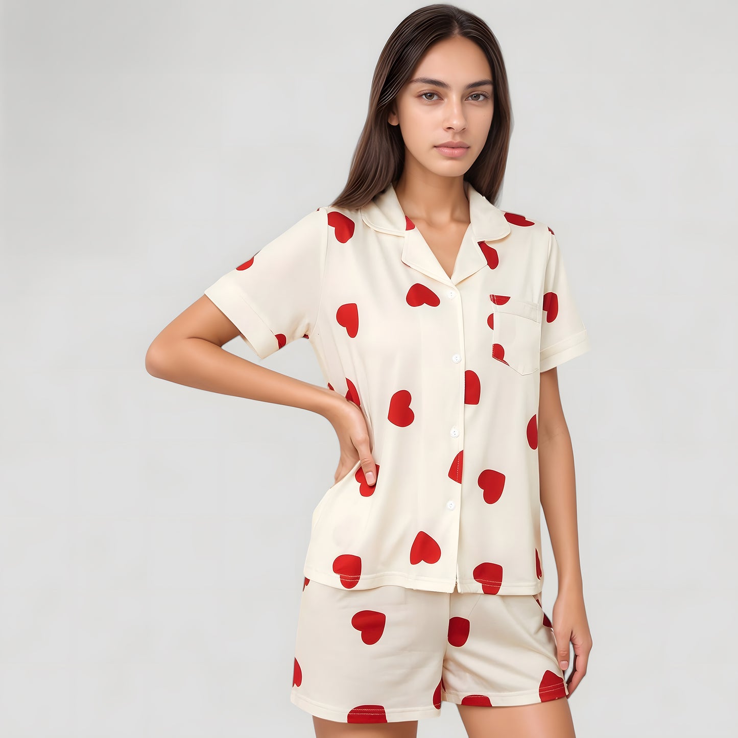 Anna-Kaci Lounge Women's Heart Print Short Sleeve Pajama Set with Chest Pocket and Button Down Top