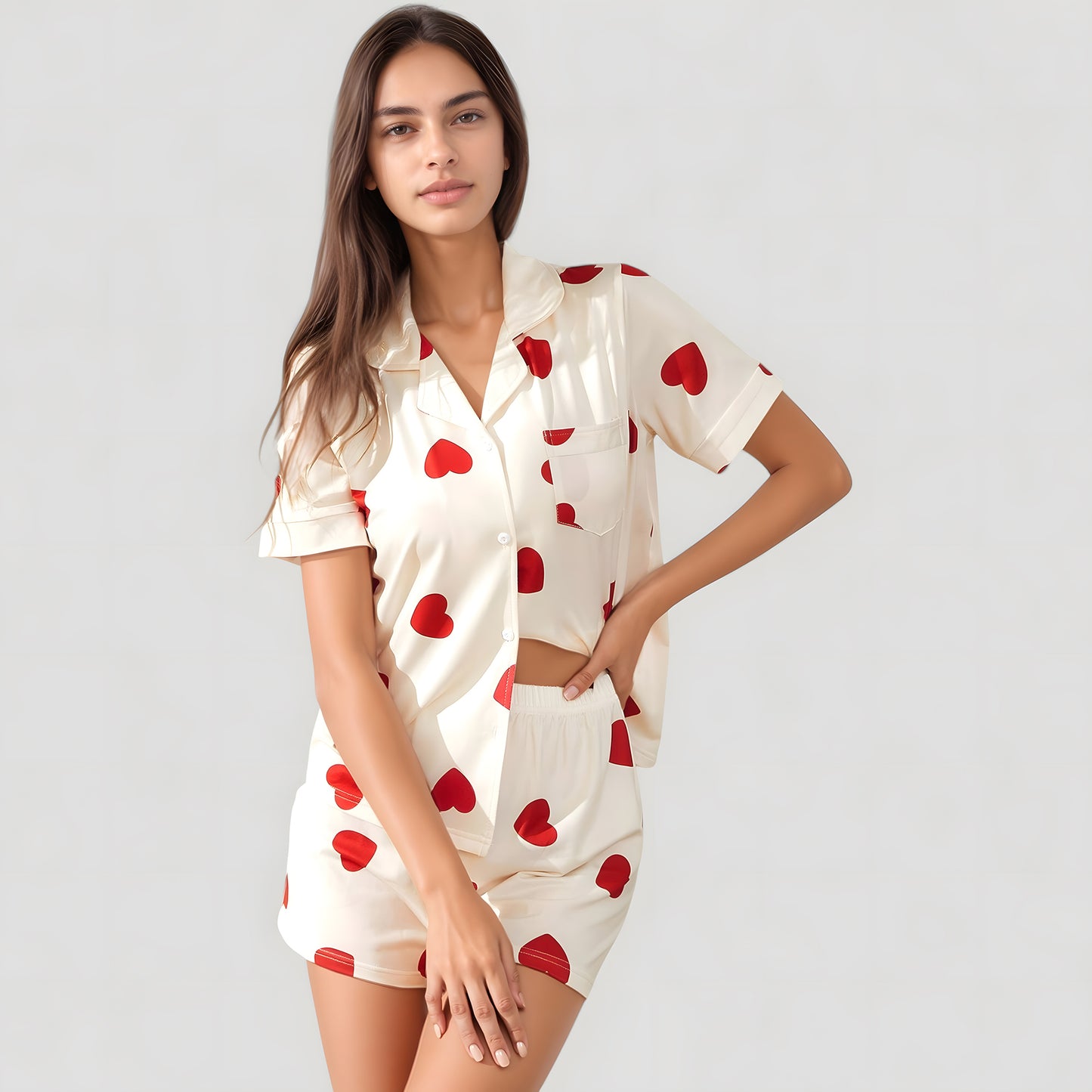 Anna-Kaci Lounge Women's Heart Print Short Sleeve Pajama Set with Chest Pocket and Button Down Top