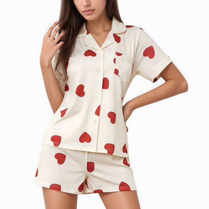 Anna-Kaci Lounge Women's Heart Print Short Sleeve Pajama Set with Chest Pocket and Button Down Top