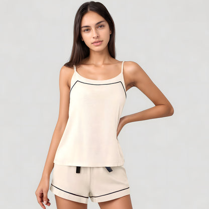 Anna-Kaci Lounge Women's Cami and Shorts Pajama Set with Contrast Trim and Adjustable Waist Tie