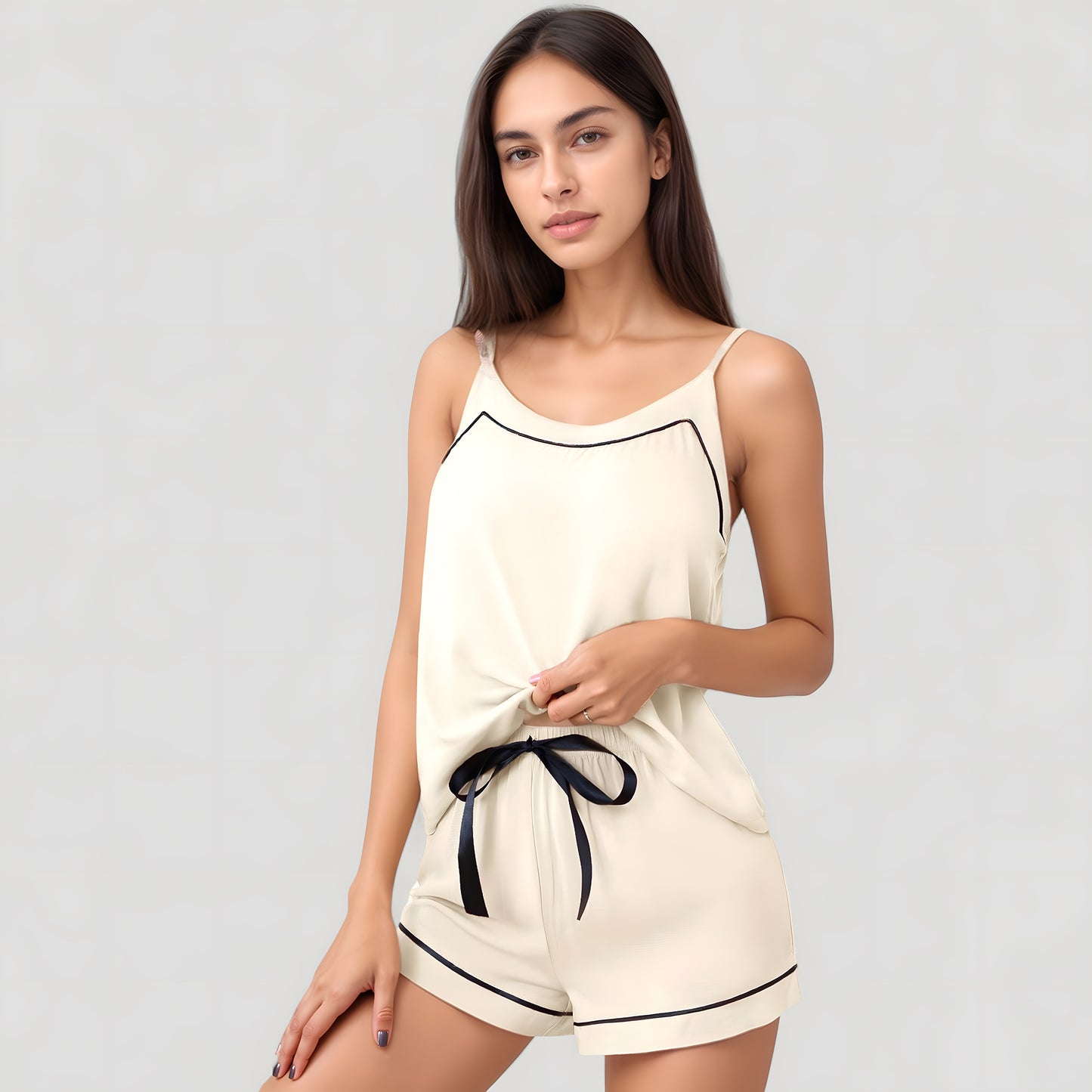 Anna-Kaci Lounge Women's Cami and Shorts Pajama Set with Contrast Trim and Adjustable Waist Tie