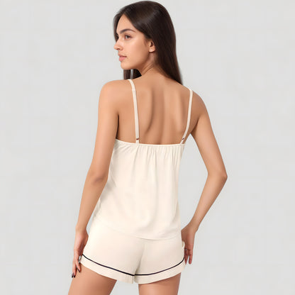 Anna-Kaci Lounge Women's Cami and Shorts Pajama Set with Contrast Trim and Adjustable Waist Tie