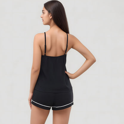 Anna-Kaci Lounge Women's Cami and Shorts Pajama Set with Contrast Trim and Adjustable Waist Tie