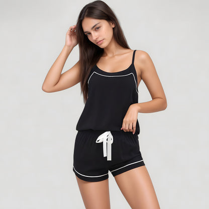 Anna-Kaci Lounge Women's Cami and Shorts Pajama Set with Contrast Trim and Adjustable Waist Tie