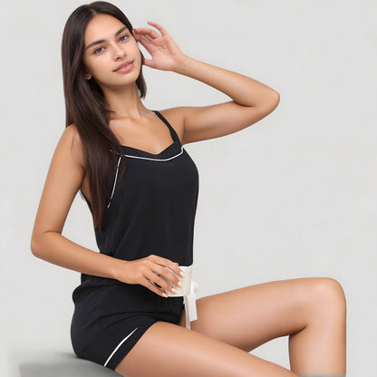 Anna-Kaci Lounge Women's Cami and Shorts Pajama Set with Contrast Trim and Adjustable Waist Tie