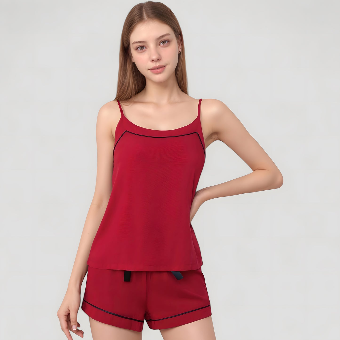 Anna-Kaci Lounge Women's Cami and Shorts Pajama Set with Contrast Trim and Adjustable Waist Tie