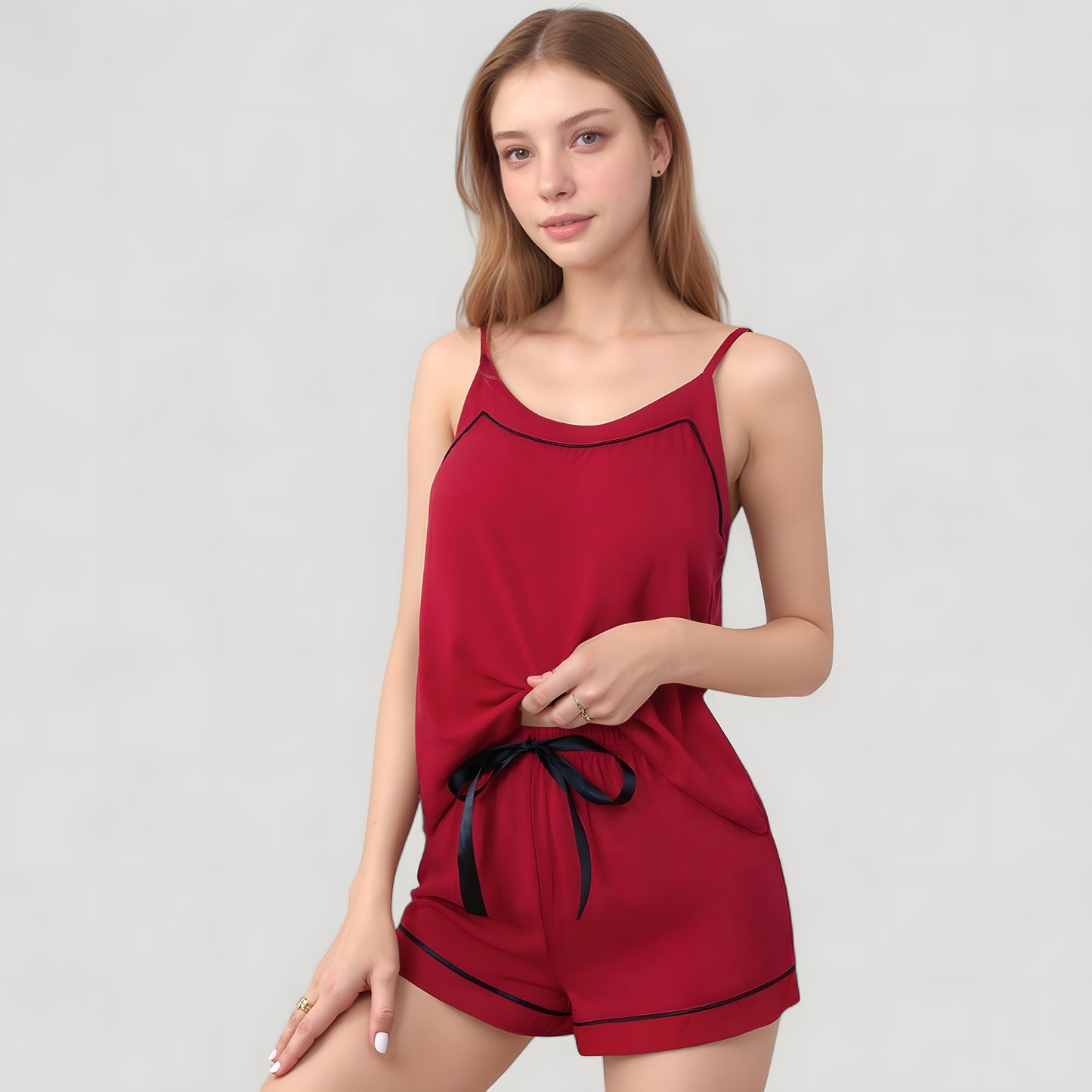 Anna-Kaci Lounge Women's Cami and Shorts Pajama Set with Contrast Trim and Adjustable Waist Tie