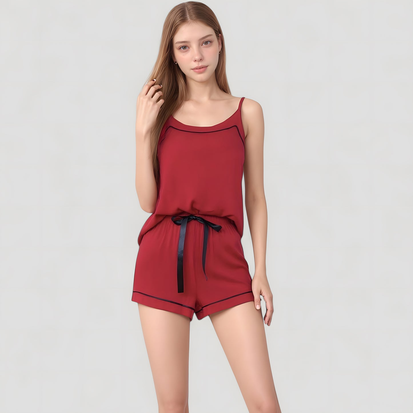 Anna-Kaci Lounge Women's Cami and Shorts Pajama Set with Contrast Trim and Adjustable Waist Tie