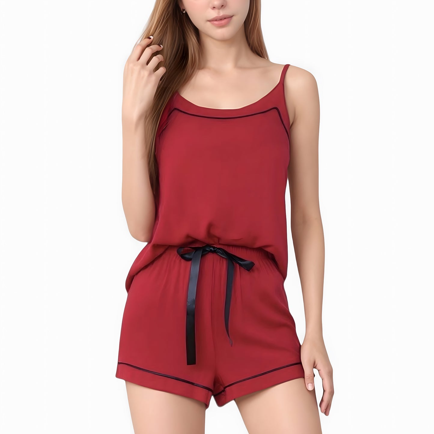 Anna-Kaci Lounge Women's Cami and Shorts Pajama Set with Contrast Trim and Adjustable Waist Tie