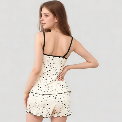 Anna-Kaci Lounge Women's Star Print Cami and Shorts Pajama Set with Contrast Trim and Lettuce Hem