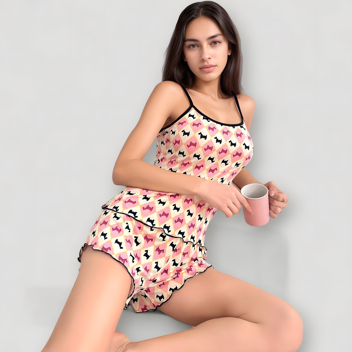 Anna-Kaci Lounge Women's Star Print Cami and Shorts Pajama Set with Contrast Trim and Lettuce Hem