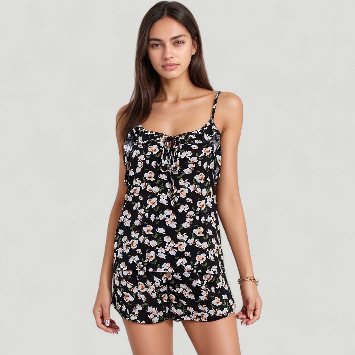 Anna-Kaci Lounge Women's Floral Print Cami Top and Shorts Pajama Set with Adjustable Spaghetti Straps and Front Tie Detail