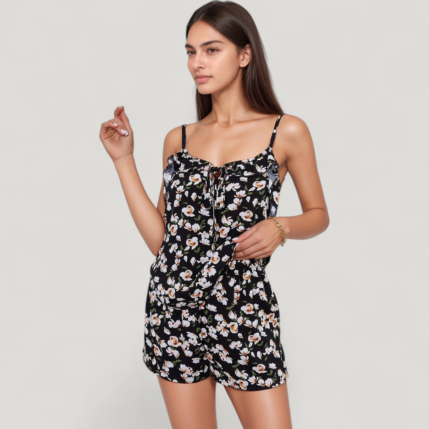 Anna-Kaci Lounge Women's Floral Print Cami Top and Shorts Pajama Set with Adjustable Spaghetti Straps and Front Tie Detail