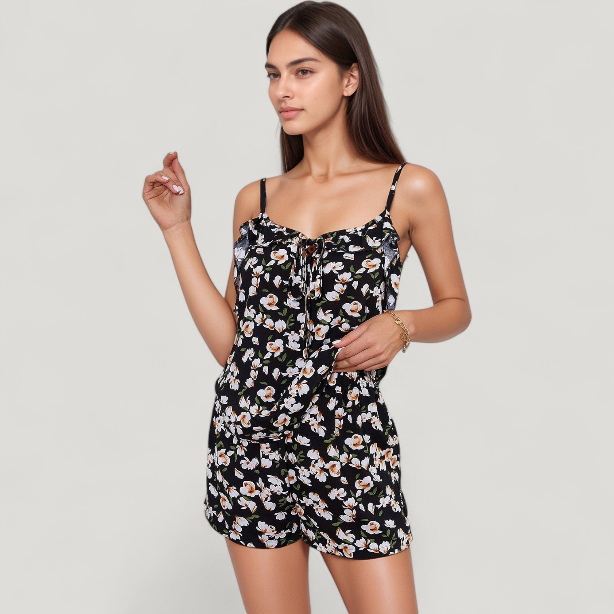 Anna-Kaci Lounge Women's Floral Print Cami Top and Shorts Pajama Set with Adjustable Spaghetti Straps and Front Tie Detail