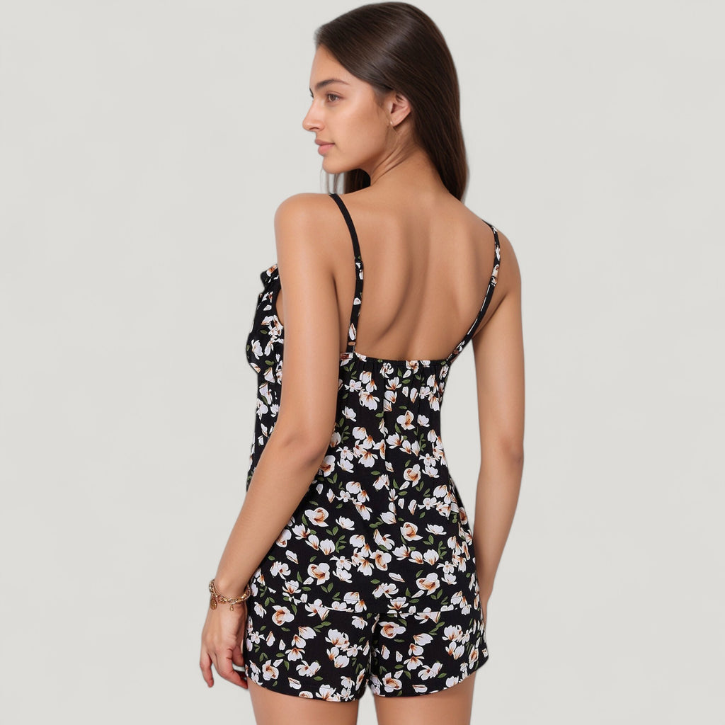 Anna-Kaci Lounge Women's Floral Print Cami Top and Shorts Pajama Set with Adjustable Spaghetti Straps and Front Tie Detail