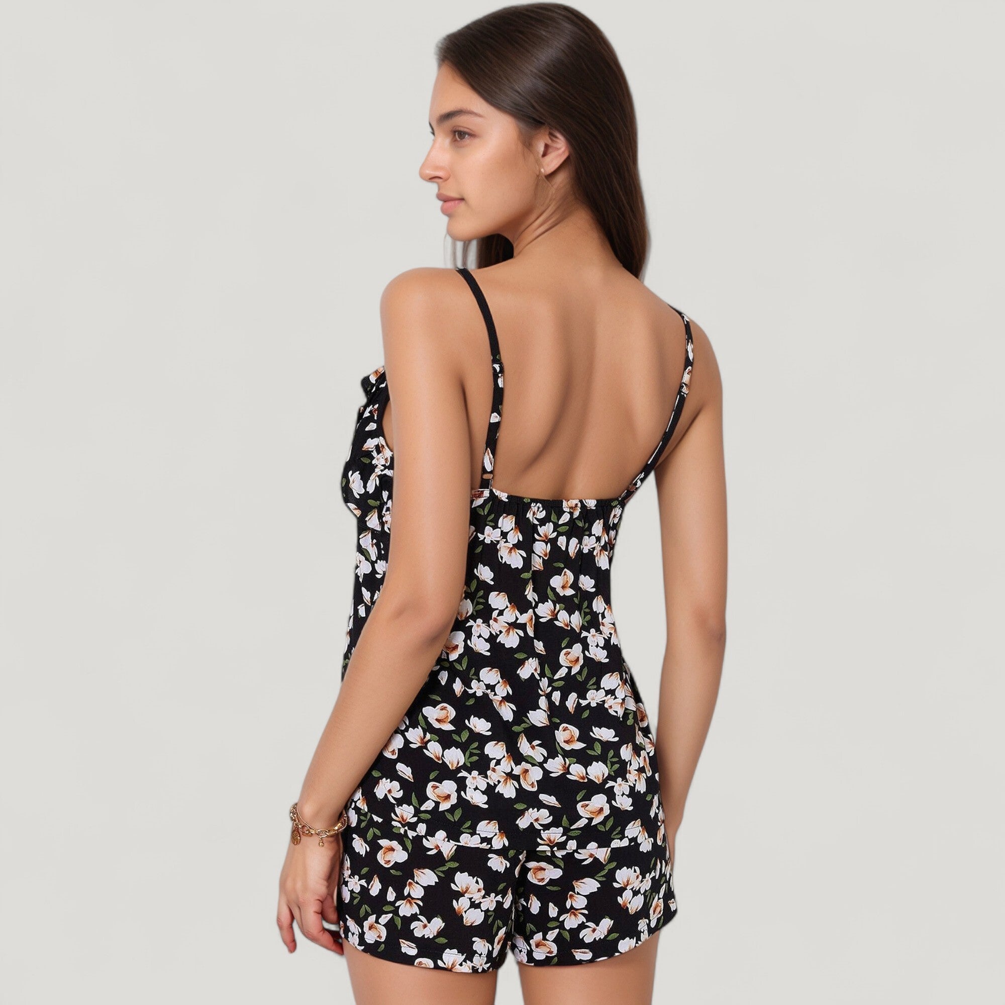 Anna-Kaci Lounge Women's Floral Print Cami Top and Shorts Pajama Set with Adjustable Spaghetti Straps and Front Tie Detail