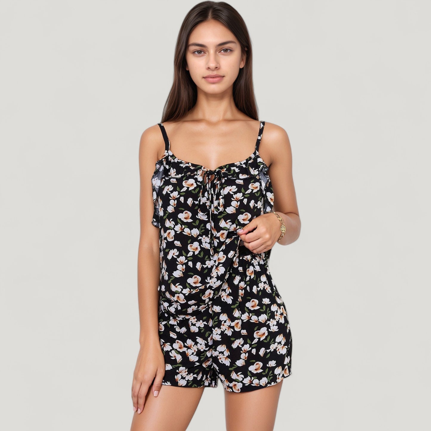 Anna-Kaci Lounge Women's Floral Print Cami Top and Shorts Pajama Set with Adjustable Spaghetti Straps and Front Tie Detail