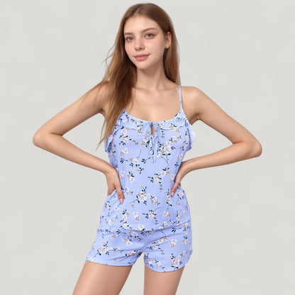 Anna-Kaci Lounge Women's Floral Print Cami Top and Shorts Pajama Set with Adjustable Spaghetti Straps and Front Tie Detail