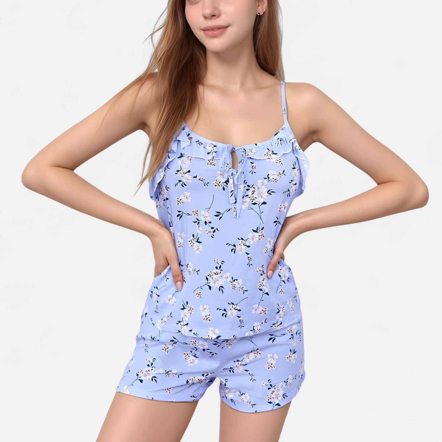 Anna-Kaci Lounge Women's Floral Print Cami Top and Shorts Pajama Set with Adjustable Spaghetti Straps and Front Tie Detail