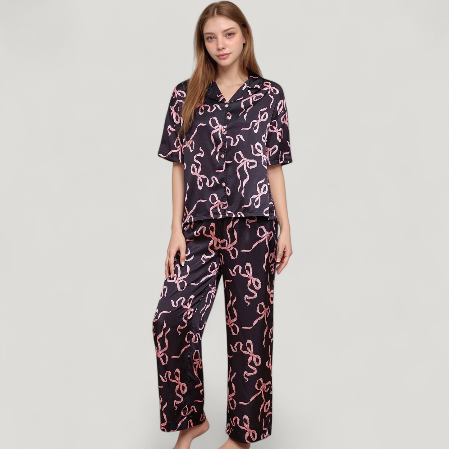 Anna-Kaci Lounge Women's Satin Button-Up Pajama Set with Short Sleeve Notch Collar Top and Wide Leg Pants in Ribbon Print