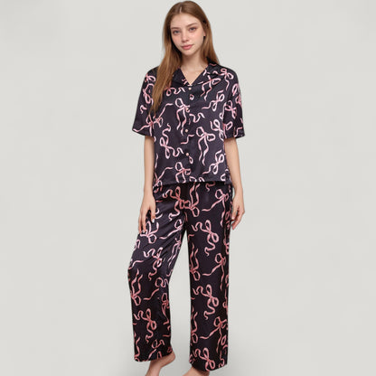 Anna-Kaci Lounge Women's Satin Button-Up Pajama Set with Short Sleeve Notch Collar Top and Wide Leg Pants in Ribbon Print