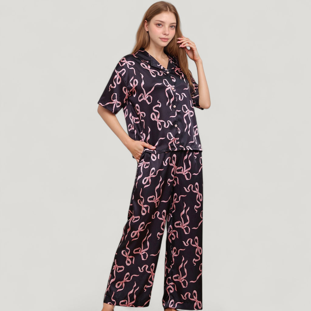 Anna-Kaci Lounge Women's Satin Button-Up Pajama Set with Short Sleeve Notch Collar Top and Wide Leg Pants in Ribbon Print
