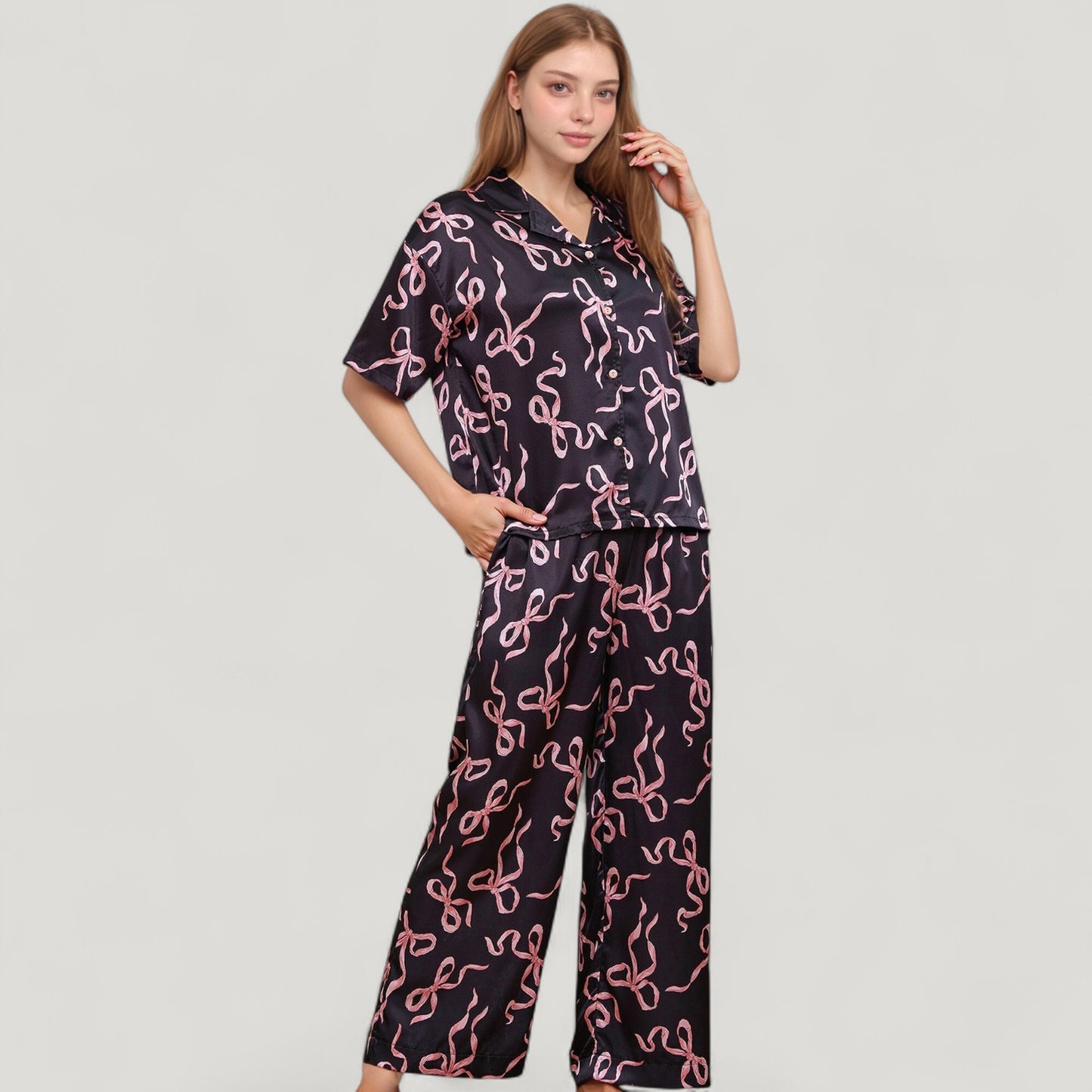 Anna-Kaci Lounge Women's Satin Button-Up Pajama Set with Short Sleeve Notch Collar Top and Wide Leg Pants in Ribbon Print