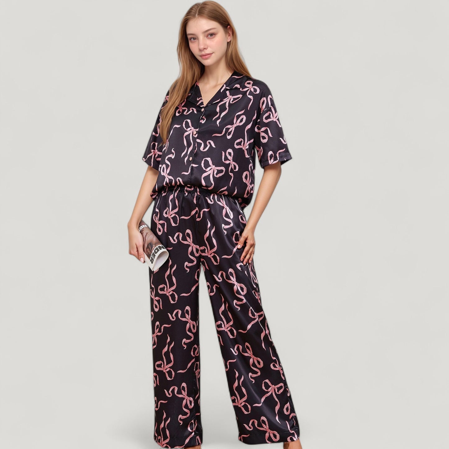 Anna-Kaci Lounge Women's Satin Button-Up Pajama Set with Short Sleeve Notch Collar Top and Wide Leg Pants in Ribbon Print