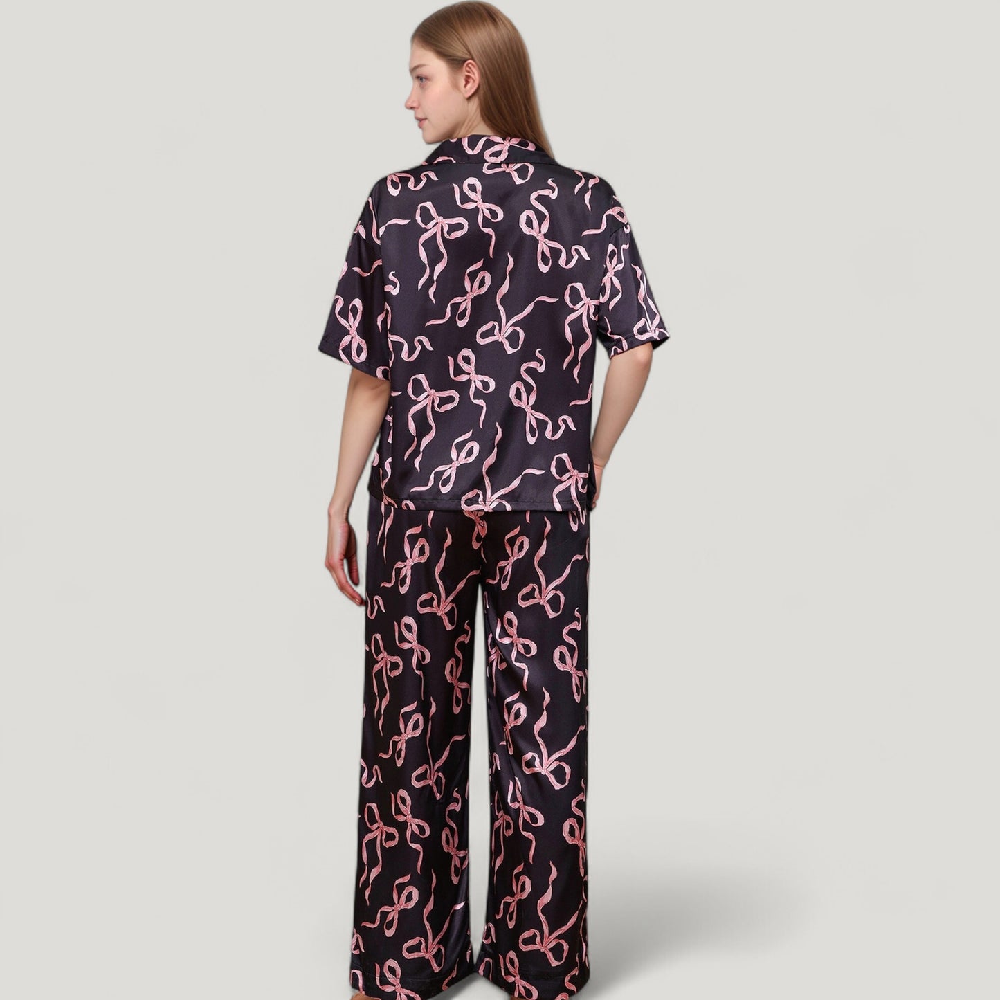 Anna-Kaci Lounge Women's Satin Button-Up Pajama Set with Short Sleeve Notch Collar Top and Wide Leg Pants in Ribbon Print