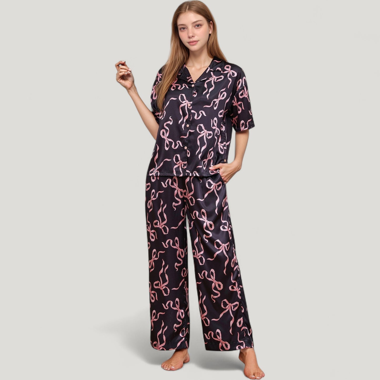 Anna-Kaci Lounge Women's Satin Button-Up Pajama Set with Short Sleeve Notch Collar Top and Wide Leg Pants in Ribbon Print